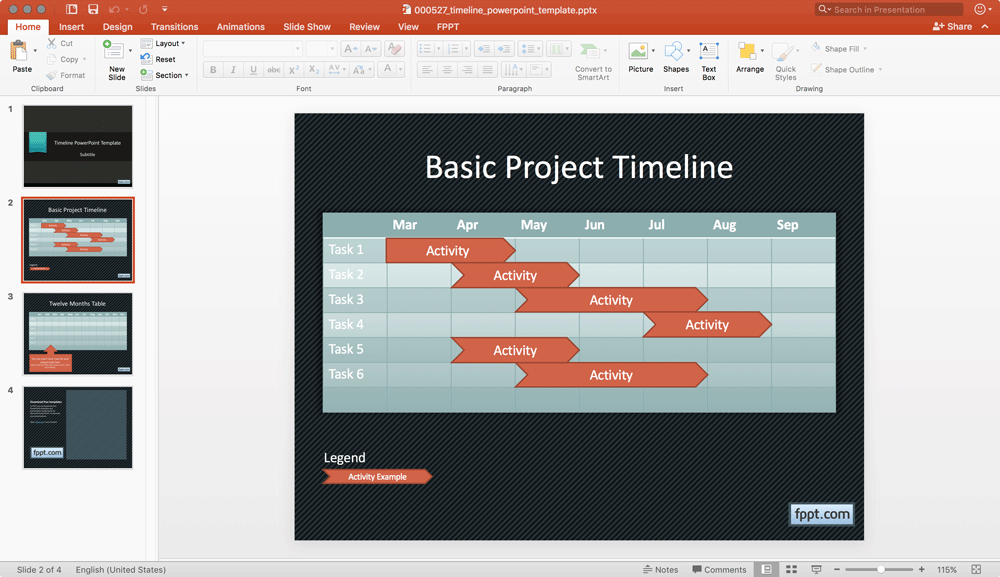 إنشاء الجدول الزمني الأساسي في PowerPoint باستخدام الأشكال والجداول