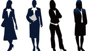 青い透明な背景にビジネス女性シルエットPPT画像
