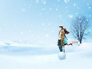 浪漫的情侣，在蔚蓝的雪中PPT背景