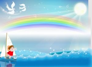 Sonnenschein Regenbogen dynamische Wellen niedlichen kleinen Mädchen Rudern Segelboot niedlichen Cartoon ppt Vorlage