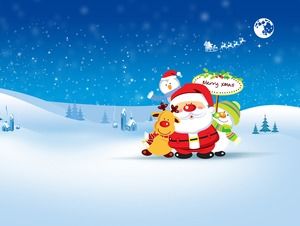 Cartoon santa reindeer snowman-beautiful vector snow scene blue christmas ppt template