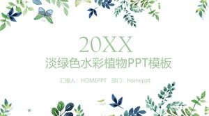 Green elegant watercolor leaves background Han Fan PPT template free download
