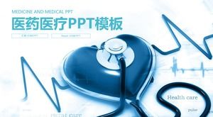 Modelo de PPT de cuidados de saúde com fundo de estetoscópio em forma de coração