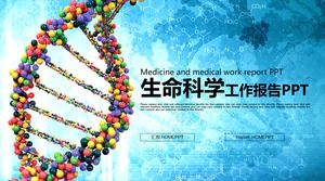 Template PPT sains kehidupan dengan latar belakang struktur molekul DNA