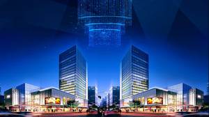 Imagen de fondo PPT de representaciones de edificios comerciales azules