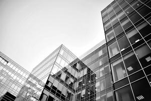 Schwarz-Weiß-modernes Geschäftsgebäude PPT Hintergrundbild