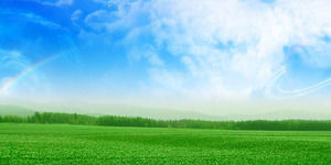 青い空白い雲、緑の草PPTの背景画像