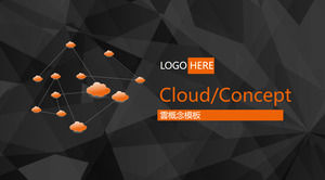 Modelo de tema de computação em nuvem PPT com polígonos pretos e fundo do ícone de nuvem laranja