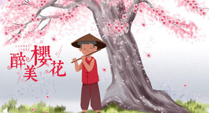 Color ink cherry blossom element PPT universal template