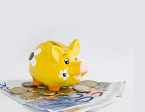 Piggy bank on euros bills powerpoint template