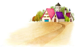 紅瓦綠樹房子卡通PPT背景圖片