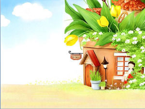 Sun flower tree house cartoon PPT background picture