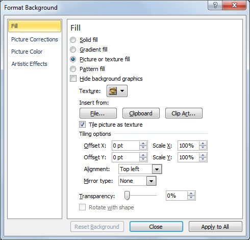 Format Hintergrundoptionen in Powerpoint 2010 - Fenster