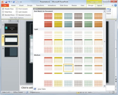 PowerPoint 프레젠테이션의 테이블 디자인, 색상 및 스타일