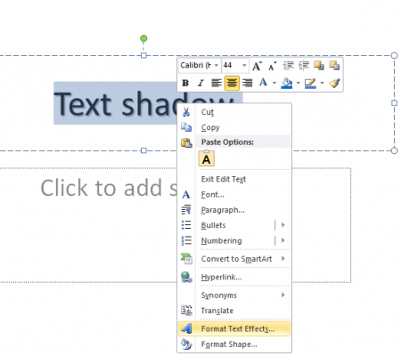 How to change the text shadow properties in Microsoft PowerPoint 2010