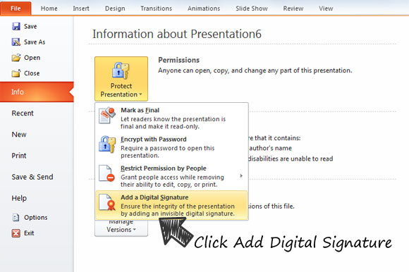 توقيع ملف العرض التقديمي PowerPoint مع التوقيع الرقمي