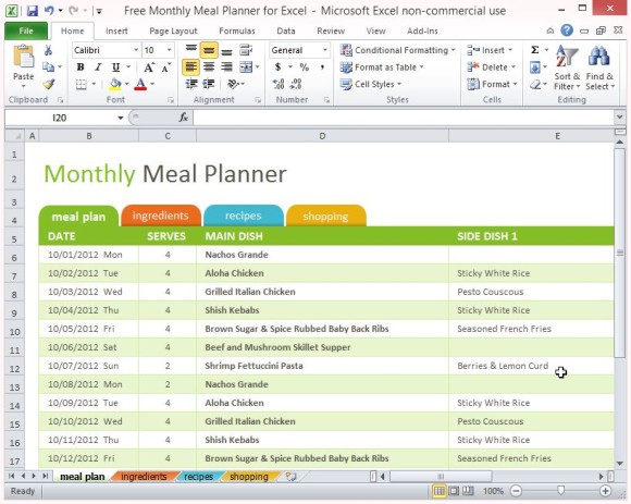 免費每月餐籌辦換Excel的1
