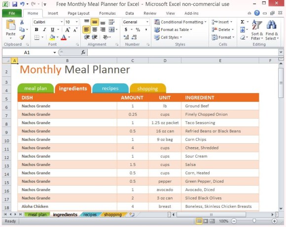 免費每月餐籌辦換Excel的2