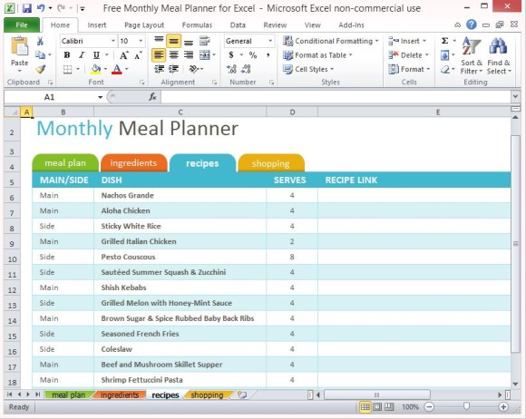 免費每月餐籌辦換Excel的3