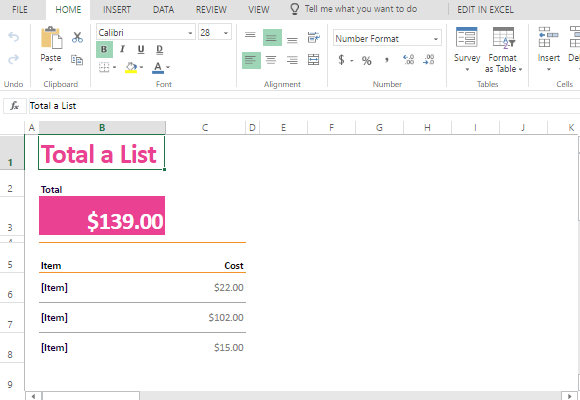 Excelのオンラインのためのショッピングリストコストを見積もるテンプレート