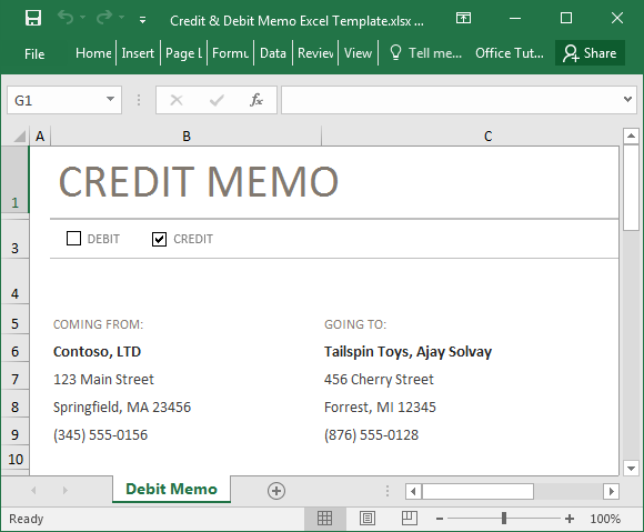 Credit & debit memo Excel șablon