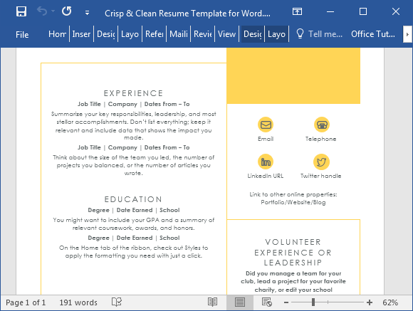 Резюме шаблон для Microsoft Word 2016