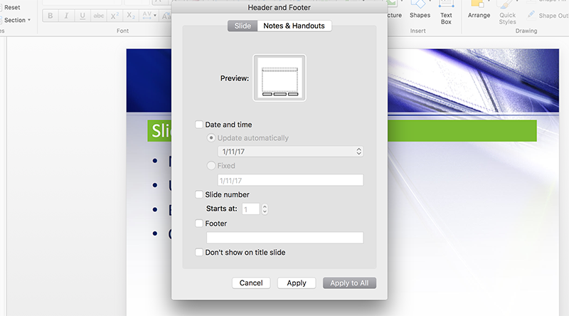 Slide Anzahl Optionen in Powerpoint für Mac