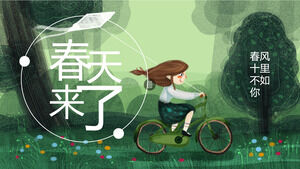 Świeża, ręcznie malowana akwarelą dziewczynka jadąca na rowerze i lecąca latawcem na tle wiosny pojawiła się na szablonie PPT