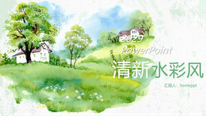 Download grátis do modelo de PPT de fundo de aldeia de montanha em aquarela verde fresco