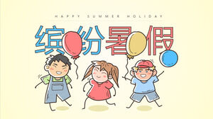 Template PPT liburan musim panas yang berwarna-warni dengan latar belakang kartun anak-anak yang digambar tangan