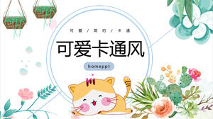 Modello PPT di simpatico cartone animato gatto e sfondo di fiori