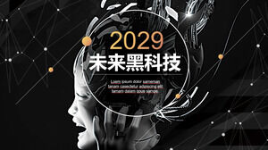 Modello PPT della tecnologia del futuro nero con sfondo robot femminile