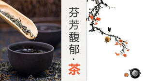 Tea Art Theme PPT Template de acuarelă flori și păsări și fundal de ceai