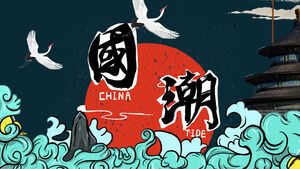 Téléchargez le modèle PPT China-Chic Wind avec le fond rouge du soleil et de la marée de la grue
