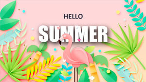 Summer themed PPT template with cartoon leaves and flamingo background