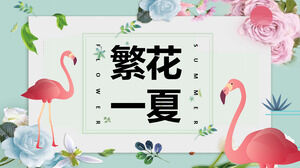 Template PPT "Blooming Summer" dengan bunga hijau dan segar dan latar belakang flamingo