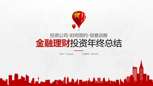 PPT template for financial investment theme with red city silhouette and hot air balloon background