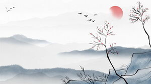 Cztery góry z atramentem i myciem, gałęzie drzew, latające ptaki, czerwone słońce, obrazy tła PPT w stylu chińskim