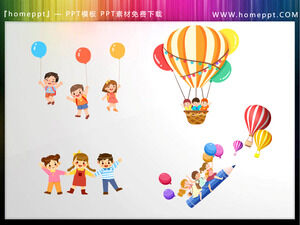 Pobierz cztery słodkie dzieci z kreskówek i balon na ogrzane powietrze materiały PPT