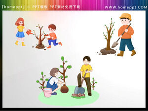 Trois images de matériel PPT de plantation d'arbres d'étudiants en dessin animé