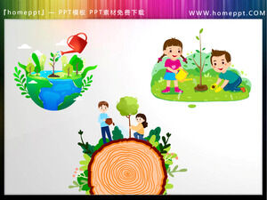 Zwei Sätze PPT-Materialbilder für Kinder des Cartoon-Baumpflanzungsfestivals