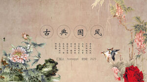 Laden Sie die PPT-Vorlage im klassischen chinesischen Stil mit sorgfältigem Blumen- und Vogelhintergrund herunter