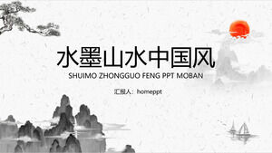 Modello PPT a tema in stile cinese con sfondo paesaggio di inchiostro e acqua