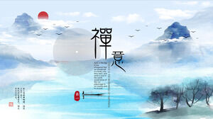 Blue Ink Landscape Background Zen Theme PPT Template