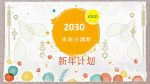 Download the PPT template for the New Year's Plan with colorful watercolor dots and leaf patterns