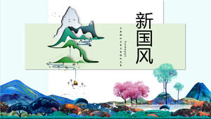 Téléchargez le nouveau modèle PPT de style chinois avec des arrière-plans colorés de montagnes et d'arbres