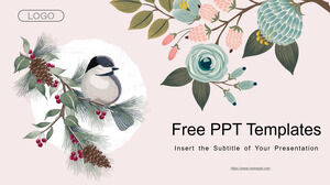 Modelos de PPT de fundo de flores e pássaros em aquarela