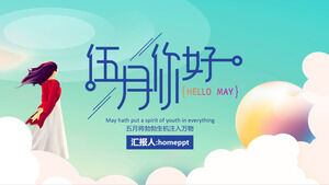 Cloud girl background Hello May PPT template download