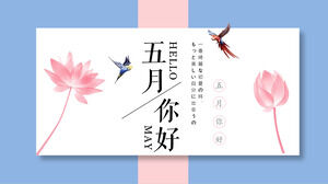 ピンクの蓮と鳥の背景を持つこんにちは5月PPTテンプレートのダウンロード