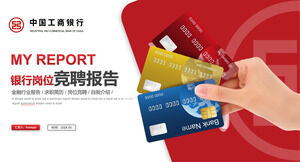 Szablon PPT dla czerwonego raportu o konkursie pracy Industrial and Commercial Bank of China z tłem posiadania karty bankowej